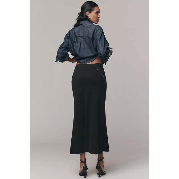 By Anthropologie Hardware Side-Slit Column Midi Skirt Studded Black 2X PS 283781 - Picture 3 of 13